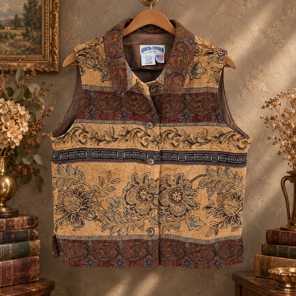 Gotcha Covered Vest Tapestry Floral Button Front Large Brown Vintage 90s Boho